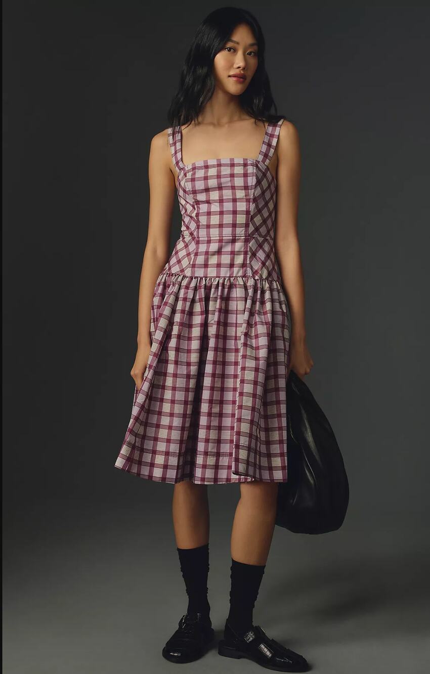 New Anthropologie Maeve Drop-Waist Purple Gingham Midi Dress - Size 8